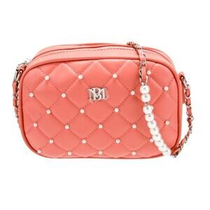 Badgley Mischka Coral Pink Quilted Diamond Pearl Crossbody Camera Bag Purse